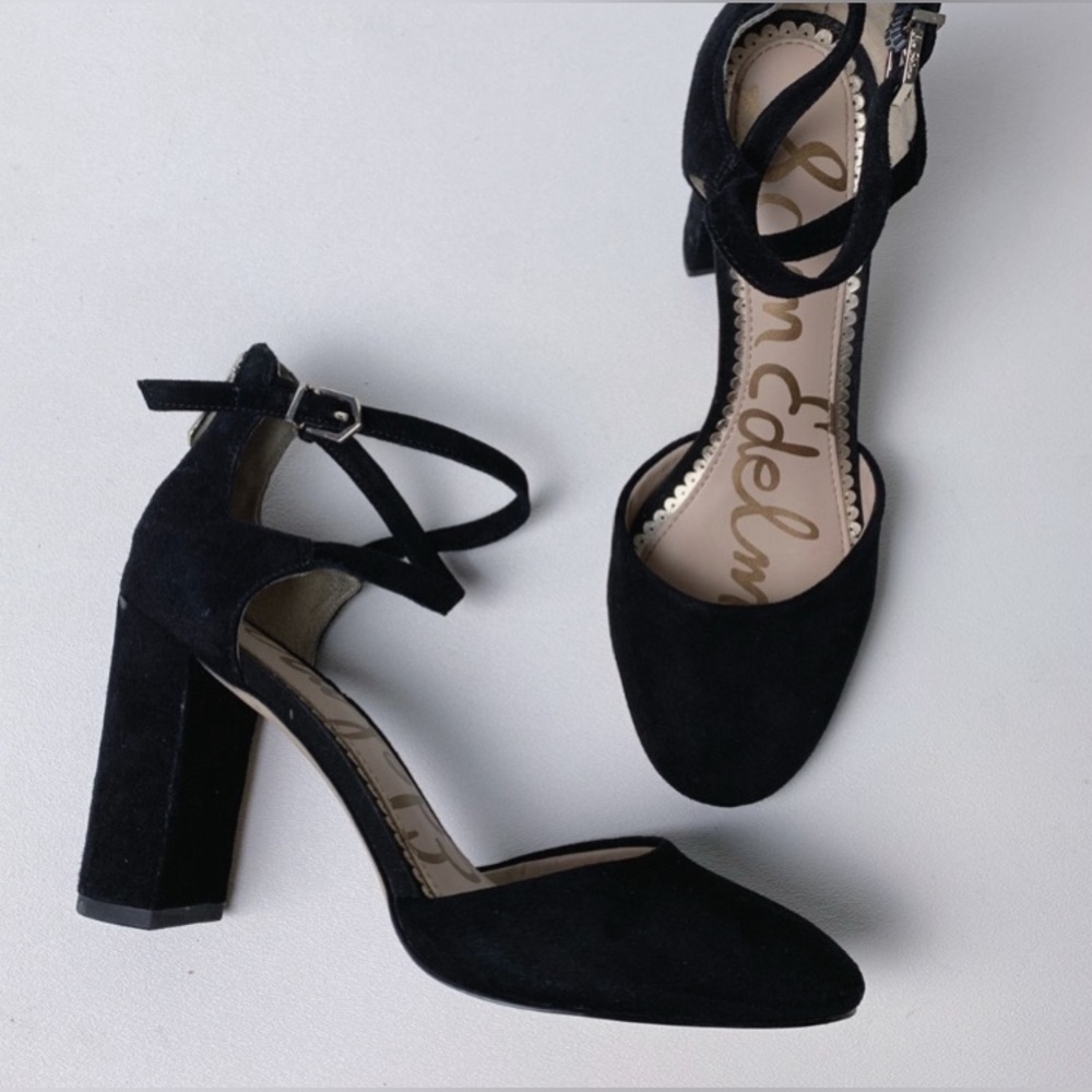 SAM EDELMAN size 6 Simmons Black Genuine Leather Suede Block Heel Pump Sandal